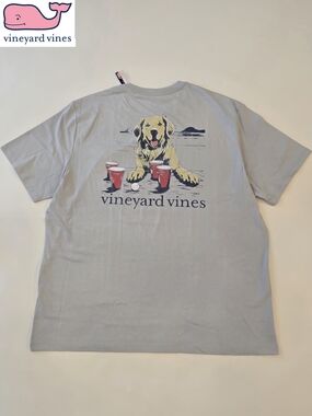 NWT Vineyard Vines "Pup Cup" Mens XL Light Gray Tee w/ Golden Retriever Graphic